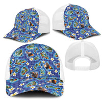 Hawaiian Island Shapes-Iconic Landscape Mesh Trucker Cap with Plumeria and Palaka Blue Color LT03 - Polynesian Pride