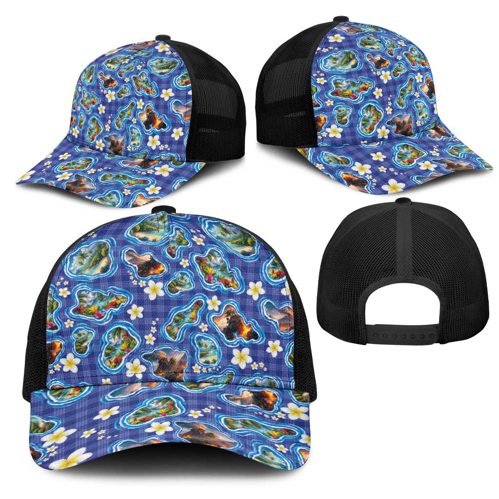 Hawaiian Island Shapes-Iconic Landscape Mesh Trucker Cap with Plumeria and Palaka Blue Color LT03 - Polynesian Pride