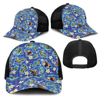Hawaiian Island Shapes-Iconic Landscape Mesh Trucker Cap with Plumeria and Palaka Blue Color LT03 - Polynesian Pride