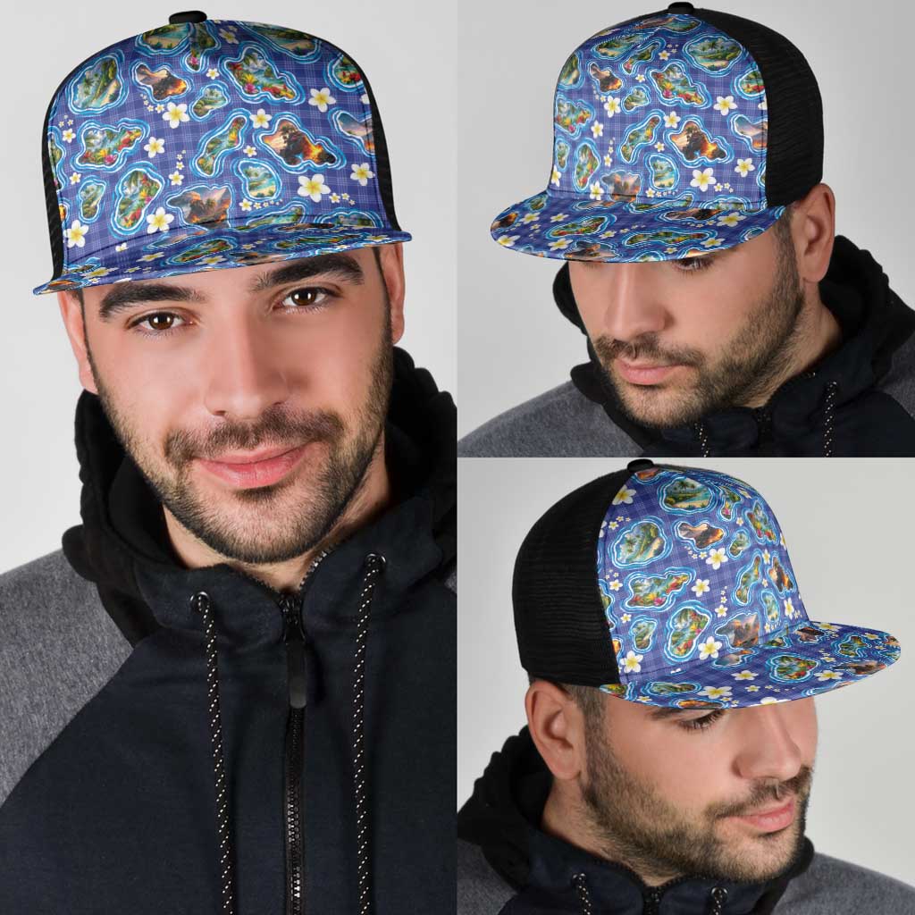 Hawaiian Island Shapes-Iconic Landscape Mesh Trucker Cap with Plumeria and Palaka Blue Color LT03 - Polynesian Pride
