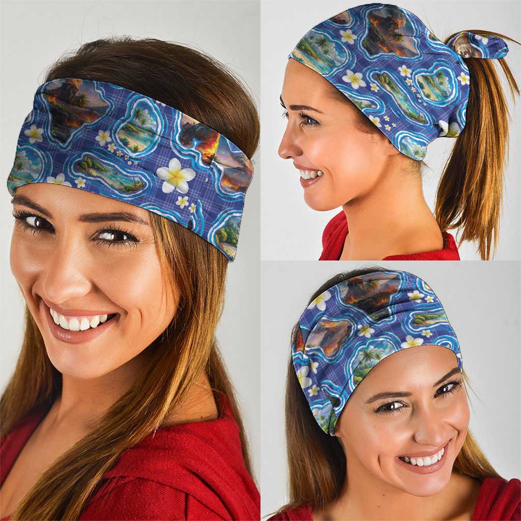 Hawaiian Island Shapes-Iconic Landscape Neck Gaiter with Plumeria and Palaka Blue Color