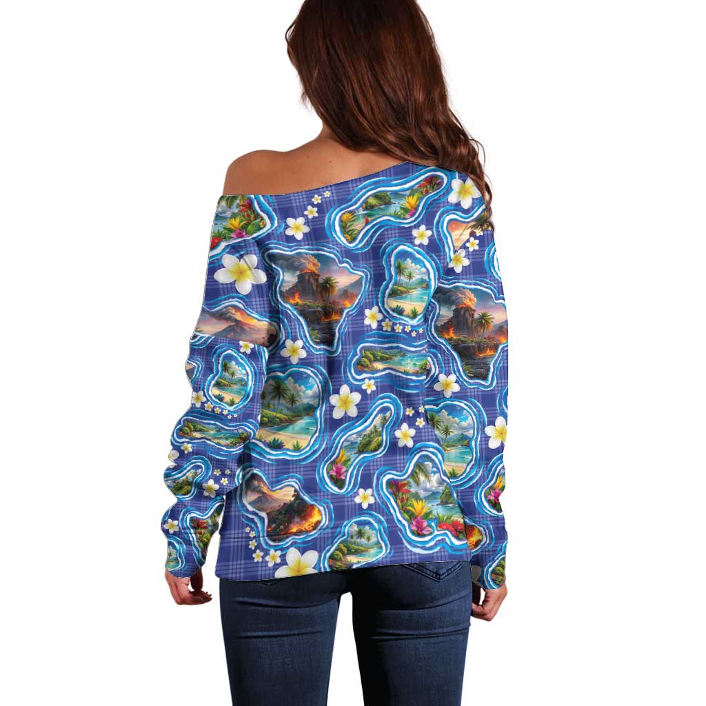 Hawaiian Island Shapes-Iconic Landscape Off Shoulder Sweater with Plumeria and Palaka Blue Color
