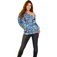 Hawaiian Island Shapes-Iconic Landscape Off Shoulder Sweater with Plumeria and Palaka Blue Color