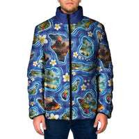Hawaiian Island Shapes-Iconic Landscape Padded Jacket with Plumeria and Palaka Blue Color