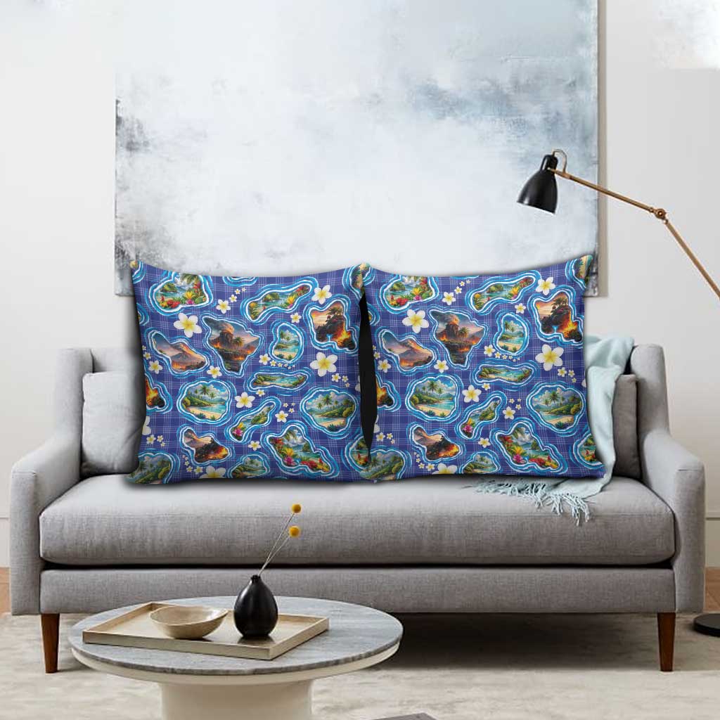 Hawaiian Island Shapes-Iconic Landscape Pillow Cover with Plumeria and Palaka Blue Color