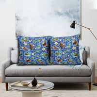 Hawaiian Island Shapes-Iconic Landscape Pillow Cover with Plumeria and Palaka Blue Color