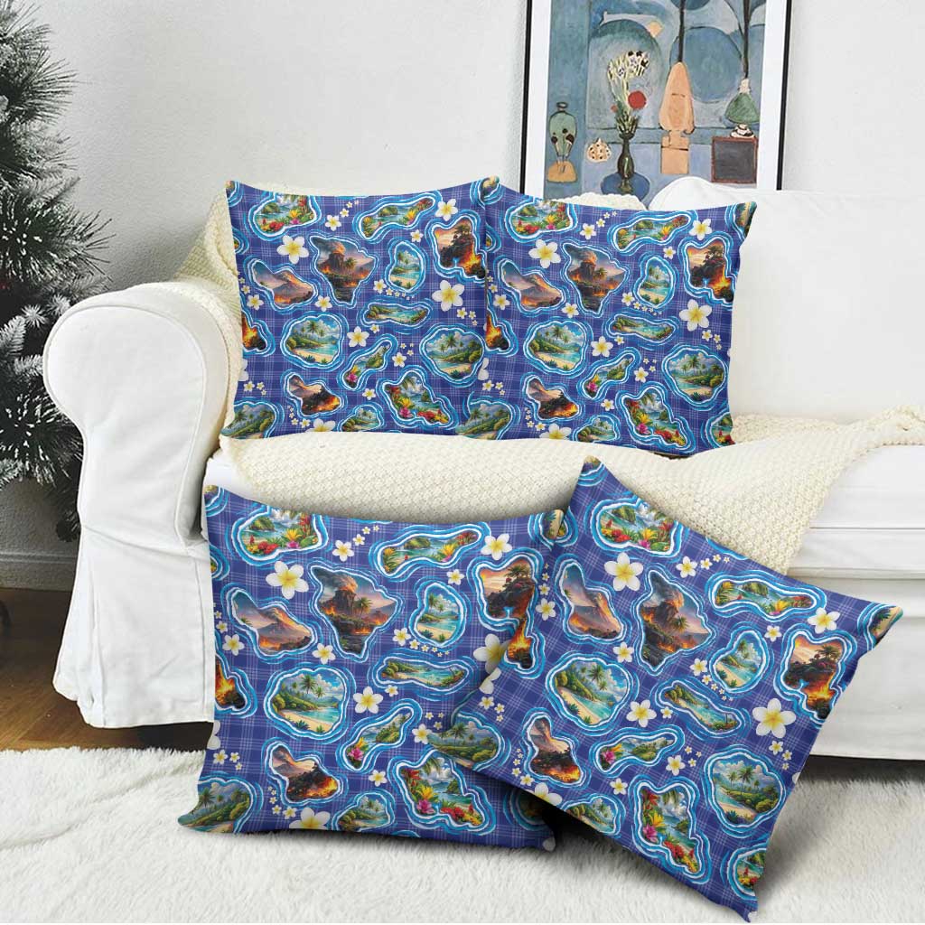 Hawaiian Island Shapes-Iconic Landscape Pillow Cover with Plumeria and Palaka Blue Color
