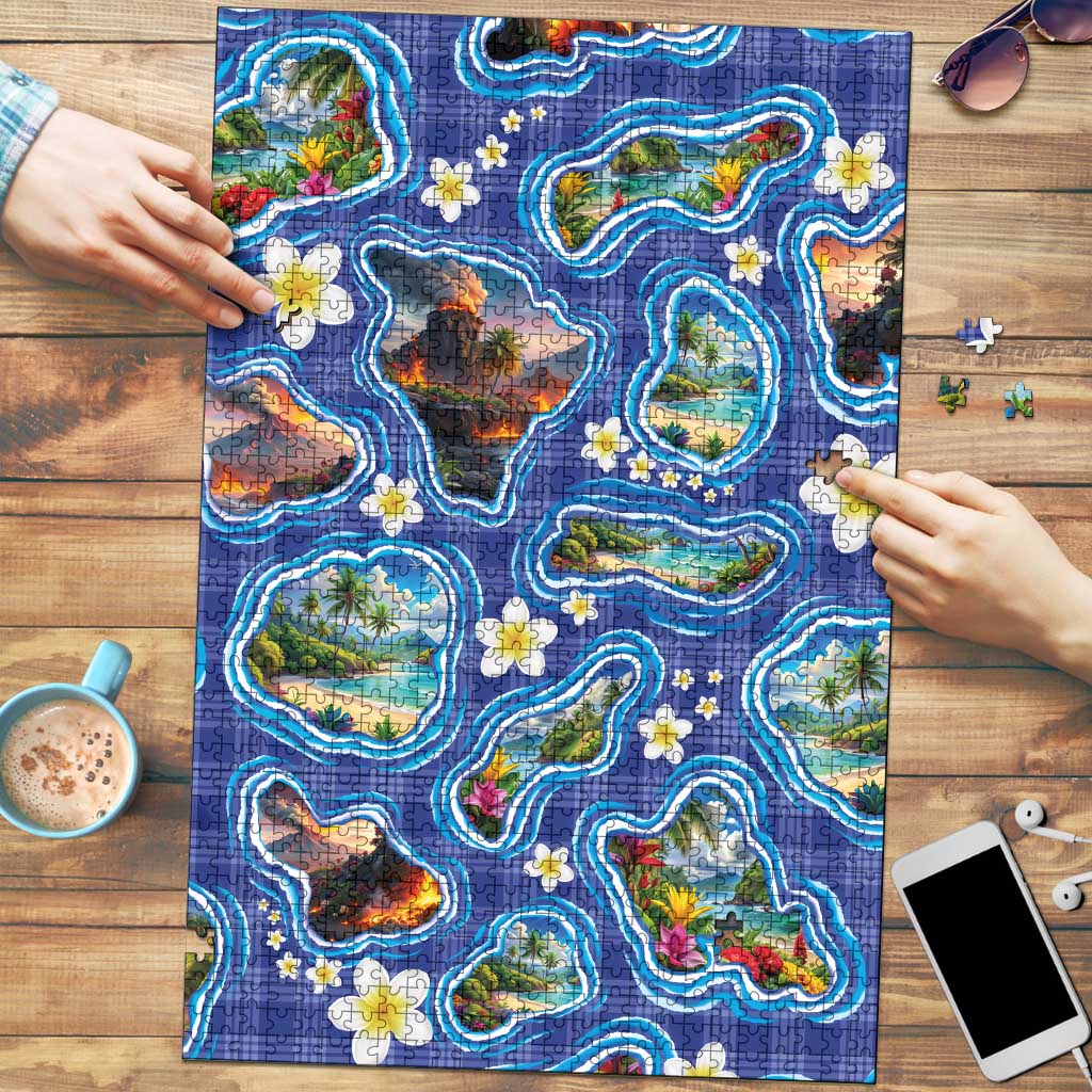 Hawaiian Island Shapes-Iconic Landscape Puzzle with Plumeria and Palaka Blue Color LT03 Blue - Polynesian Pride
