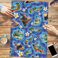 Hawaiian Island Shapes-Iconic Landscape Puzzle with Plumeria and Palaka Blue Color LT03 Blue - Polynesian Pride