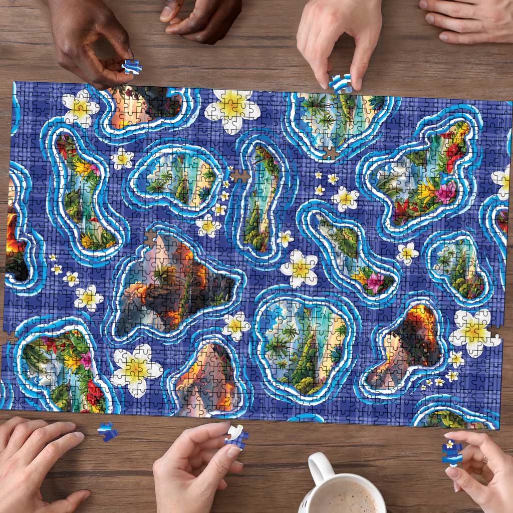 Hawaiian Island Shapes-Iconic Landscape Puzzle with Plumeria and Palaka Blue Color LT03 - Polynesian Pride