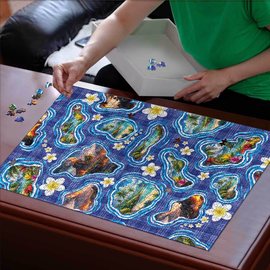 Hawaiian Island Shapes-Iconic Landscape Puzzle with Plumeria and Palaka Blue Color LT03 - Polynesian Pride