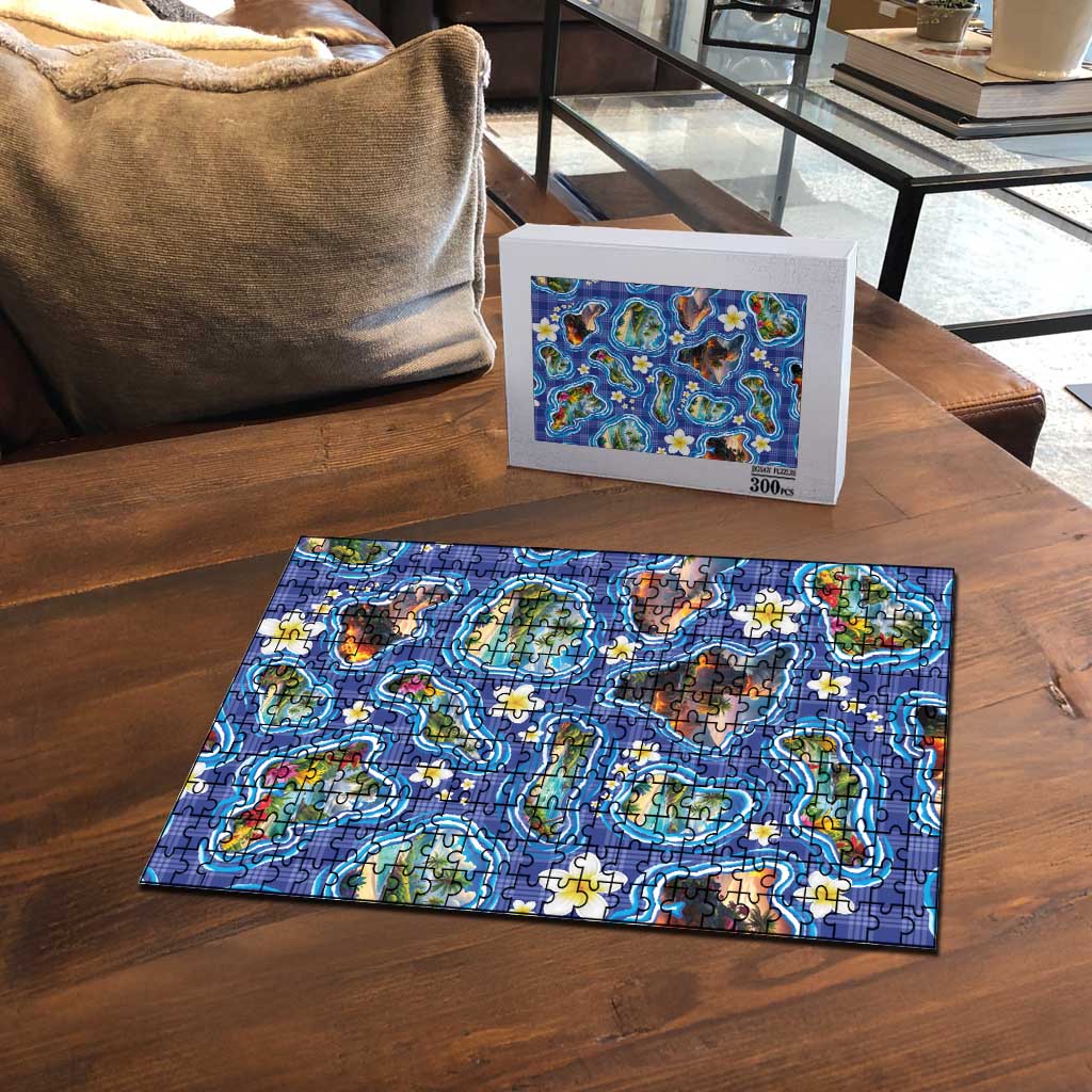 Hawaiian Island Shapes-Iconic Landscape Puzzle with Plumeria and Palaka Blue Color LT03 - Polynesian Pride