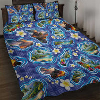 Hawaiian Island Shapes-Iconic Landscape Quilt Bed Set with Plumeria and Palaka Blue Color