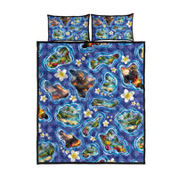 Hawaiian Island Shapes-Iconic Landscape Quilt Bed Set with Plumeria and Palaka Blue Color
