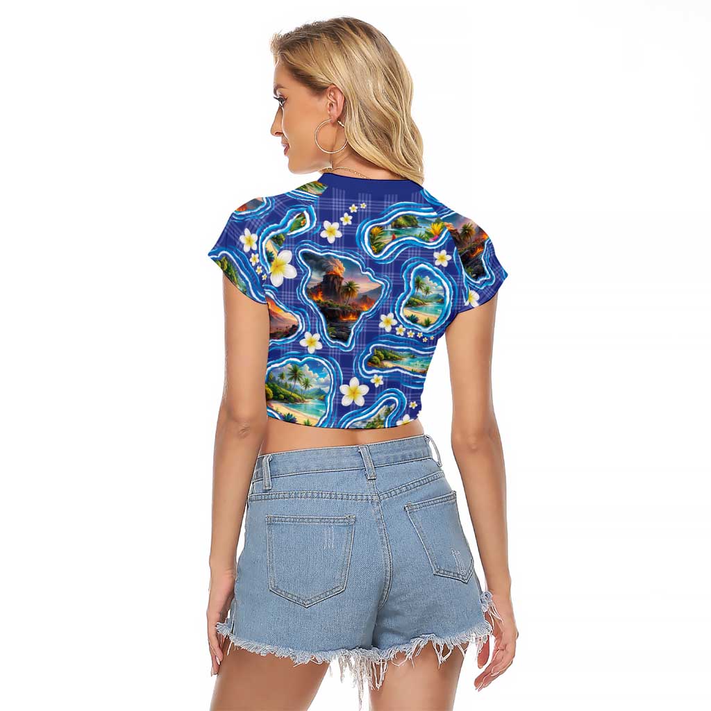 Hawaiian Island Shapes-Iconic Landscape Raglan Cropped T Shirt with Plumeria and Palaka Blue Color