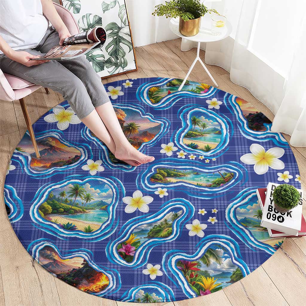 Hawaiian Island Shapes-Iconic Landscape Round Carpet with Plumeria and Palaka Blue Color
