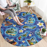 Hawaiian Island Shapes-Iconic Landscape Round Carpet with Plumeria and Palaka Blue Color