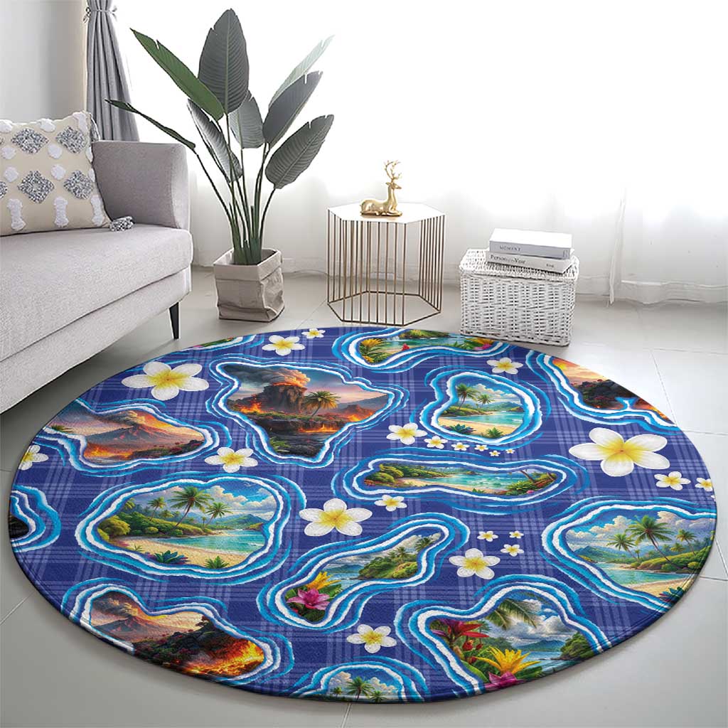 Hawaiian Island Shapes-Iconic Landscape Round Carpet with Plumeria and Palaka Blue Color