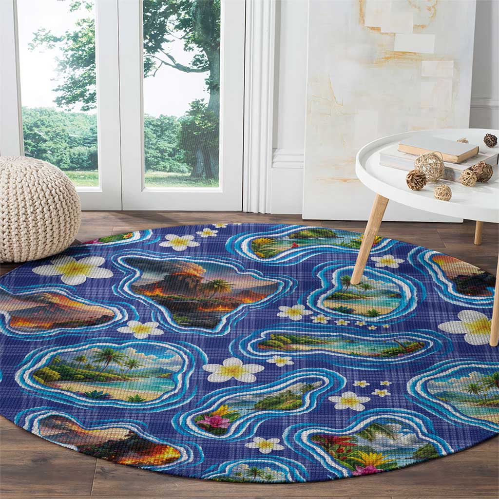 Hawaiian Island Shapes-Iconic Landscape Round Carpet with Plumeria and Palaka Blue Color