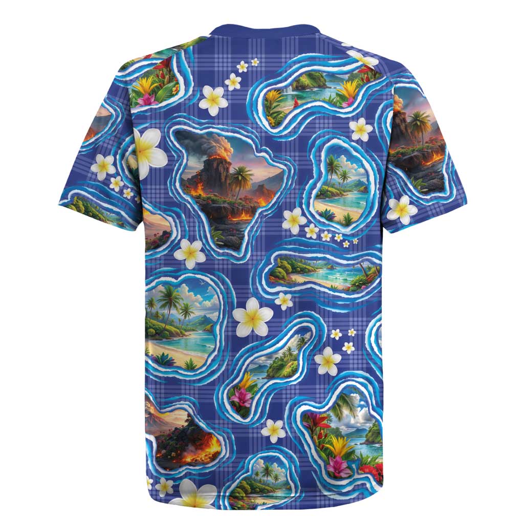 Hawaiian Island Shapes-Iconic Landscape Rugby Jersey with Plumeria and Palaka Blue Color