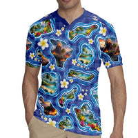 Hawaiian Island Shapes-Iconic Landscape Rugby Jersey with Plumeria and Palaka Blue Color