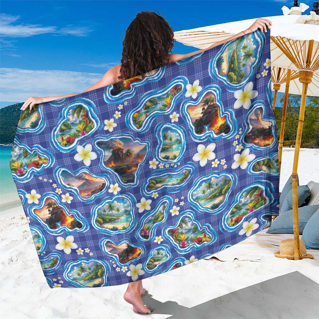 Hawaiian Island Shapes-Iconic Landscape Sarong with Plumeria and Palaka Blue Color