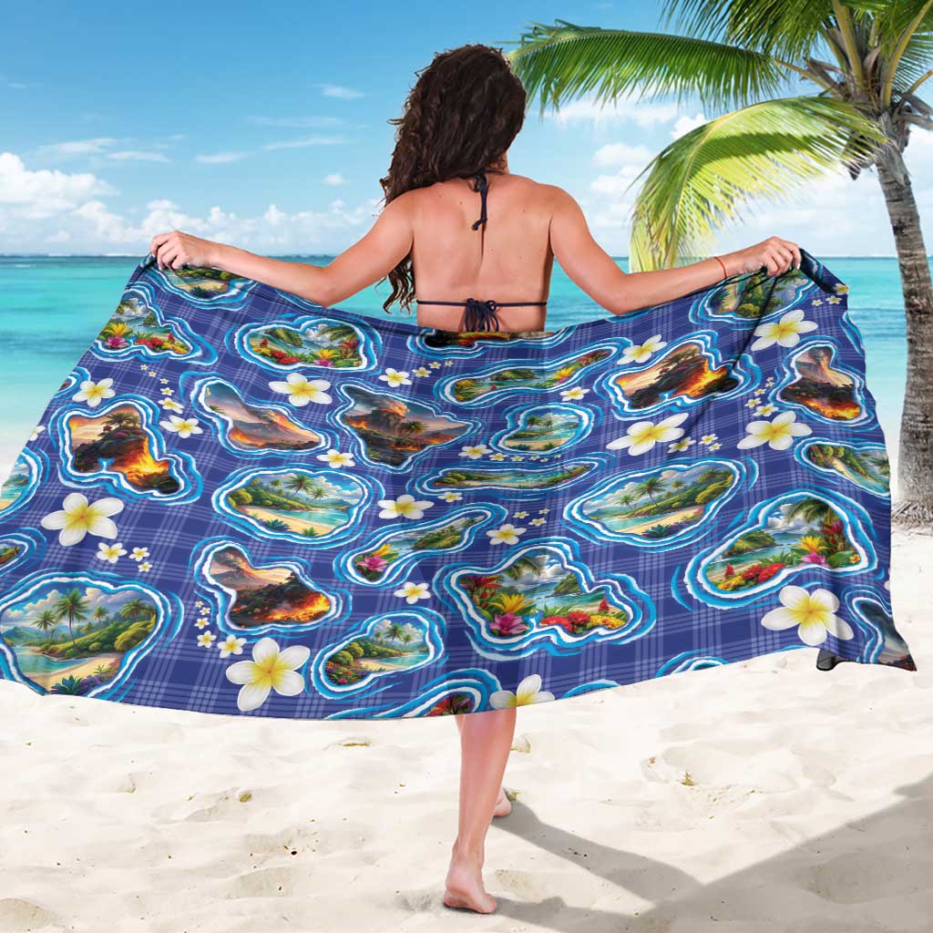 Hawaiian Island Shapes-Iconic Landscape Sarong with Plumeria and Palaka Blue Color