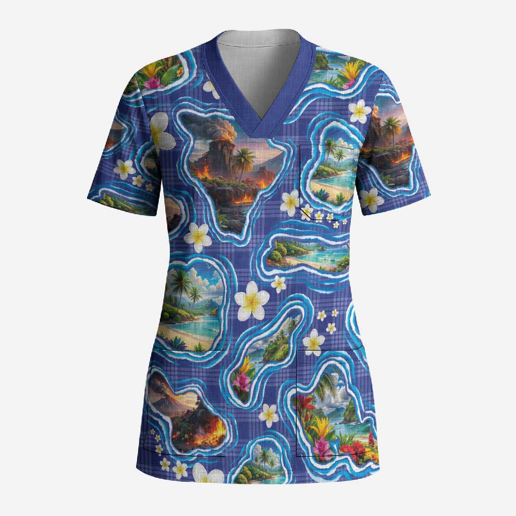 Hawaiian Island Shapes-Iconic Landscape Scrub Top with Plumeria and Palaka Blue Color