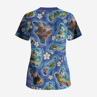 Hawaiian Island Shapes-Iconic Landscape Scrub Top with Plumeria and Palaka Blue Color