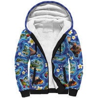 Hawaiian Island Shapes-Iconic Landscape Sherpa Hoodie with Plumeria and Palaka Blue Color