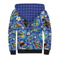 Hawaiian Island Shapes-Iconic Landscape Sherpa Hoodie with Plumeria and Palaka Blue Color