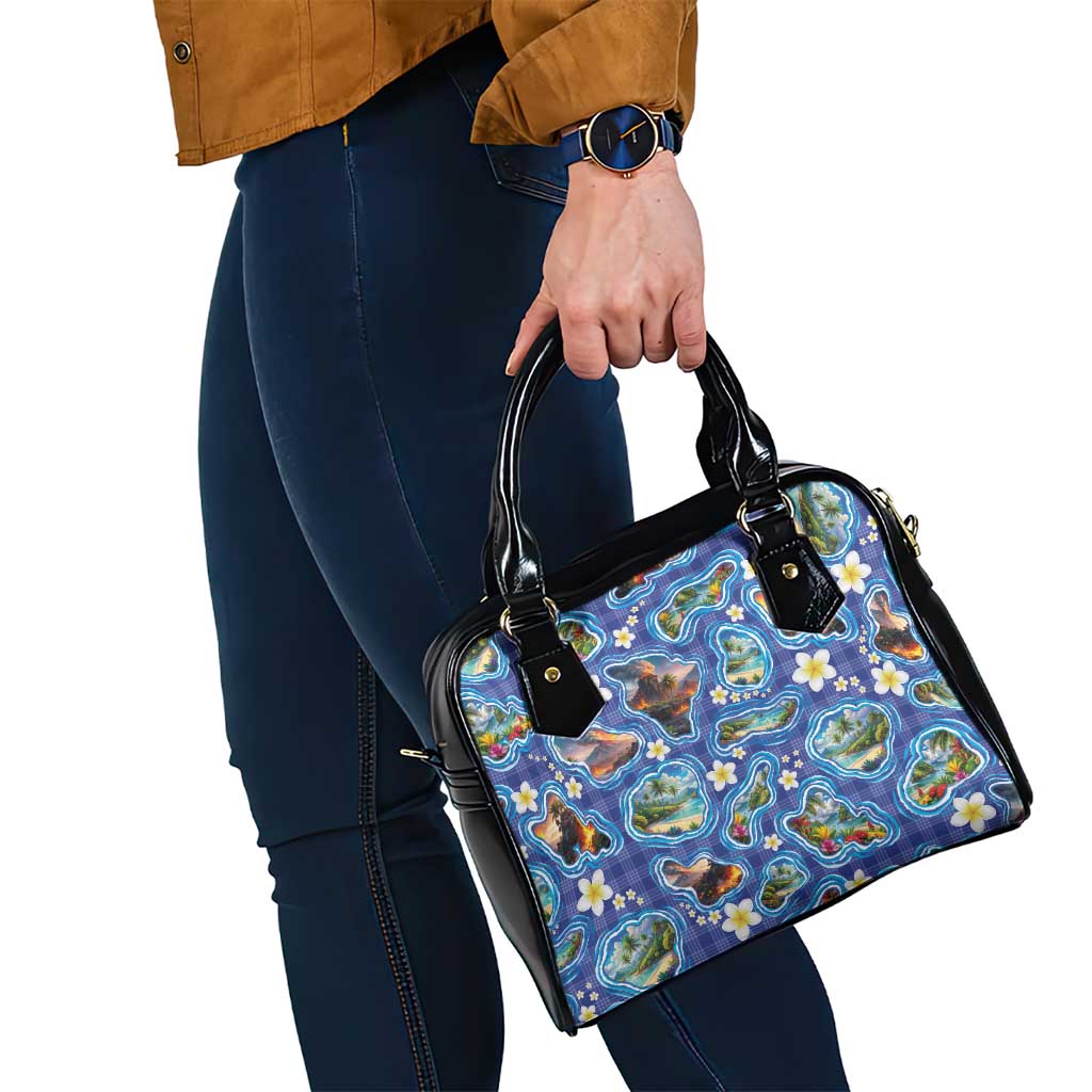Hawaiian Island Shapes-Iconic Landscape Shoulder Handbag with Plumeria and Palaka Blue Color