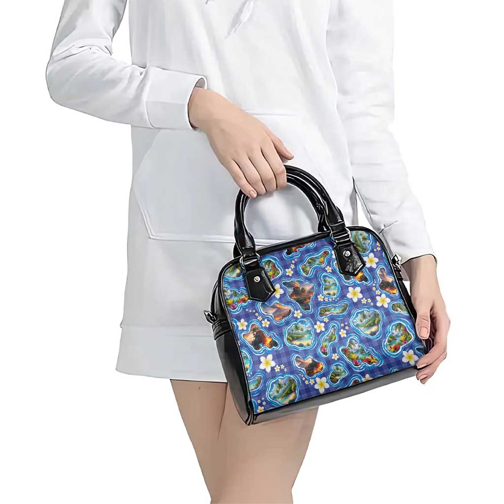Hawaiian Island Shapes-Iconic Landscape Shoulder Handbag with Plumeria and Palaka Blue Color