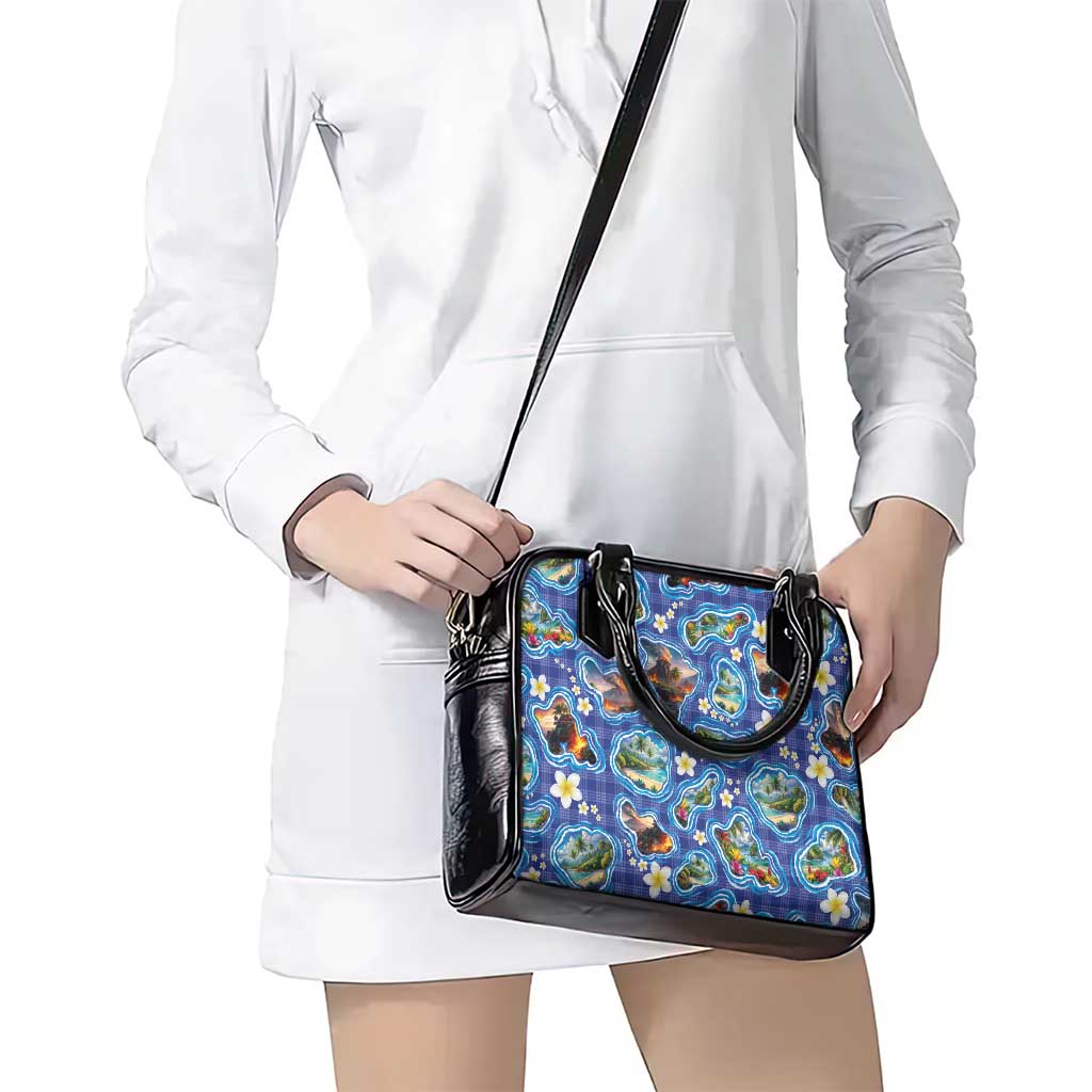 Hawaiian Island Shapes-Iconic Landscape Shoulder Handbag with Plumeria and Palaka Blue Color