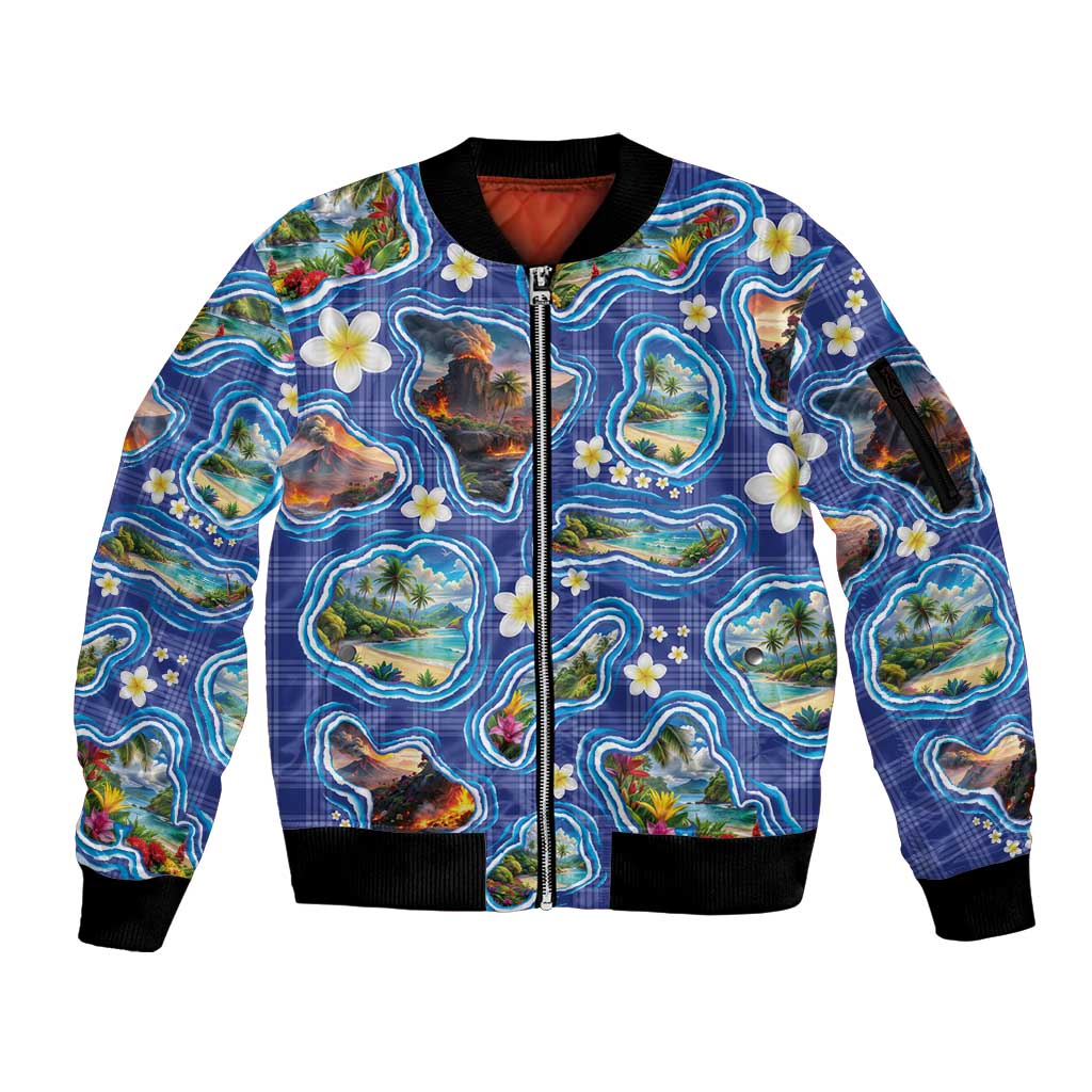 Hawaiian Island Shapes-Iconic Landscape Sleeve Zip Bomber Jacket with Plumeria and Palaka Blue Color