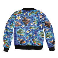 Hawaiian Island Shapes-Iconic Landscape Sleeve Zip Bomber Jacket with Plumeria and Palaka Blue Color
