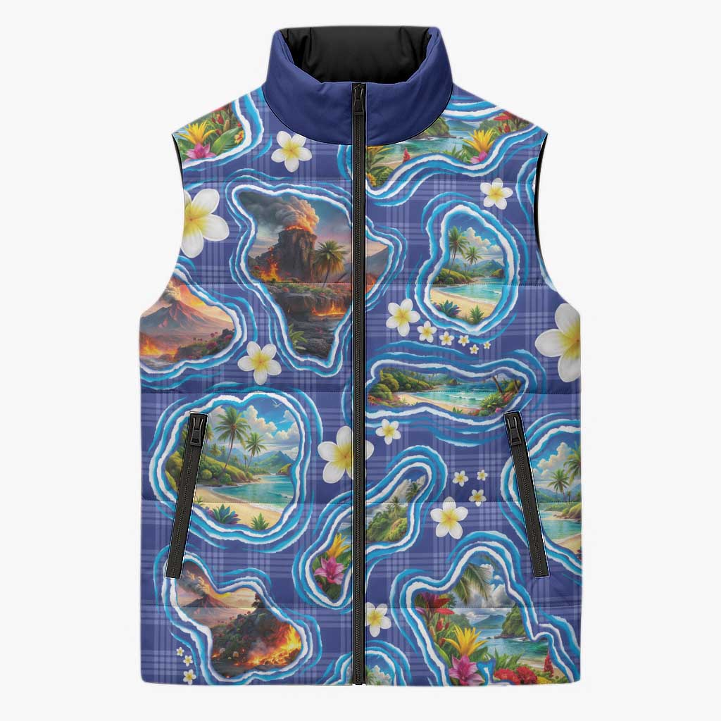 Hawaiian Island Shapes-Iconic Landscape Sleeveless Puffer Jacket with Plumeria and Palaka Blue Color