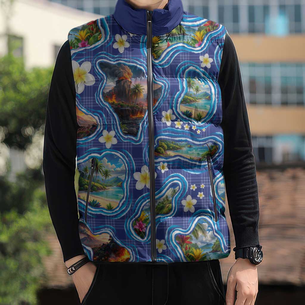Hawaiian Island Shapes-Iconic Landscape Sleeveless Puffer Jacket with Plumeria and Palaka Blue Color