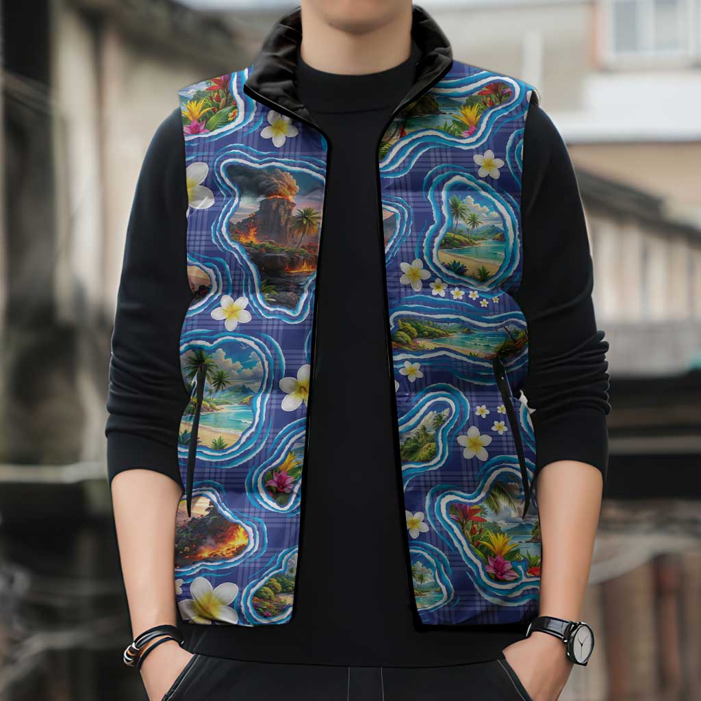 Hawaiian Island Shapes-Iconic Landscape Sleeveless Puffer Jacket with Plumeria and Palaka Blue Color
