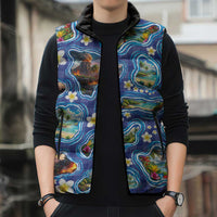 Hawaiian Island Shapes-Iconic Landscape Sleeveless Puffer Jacket with Plumeria and Palaka Blue Color