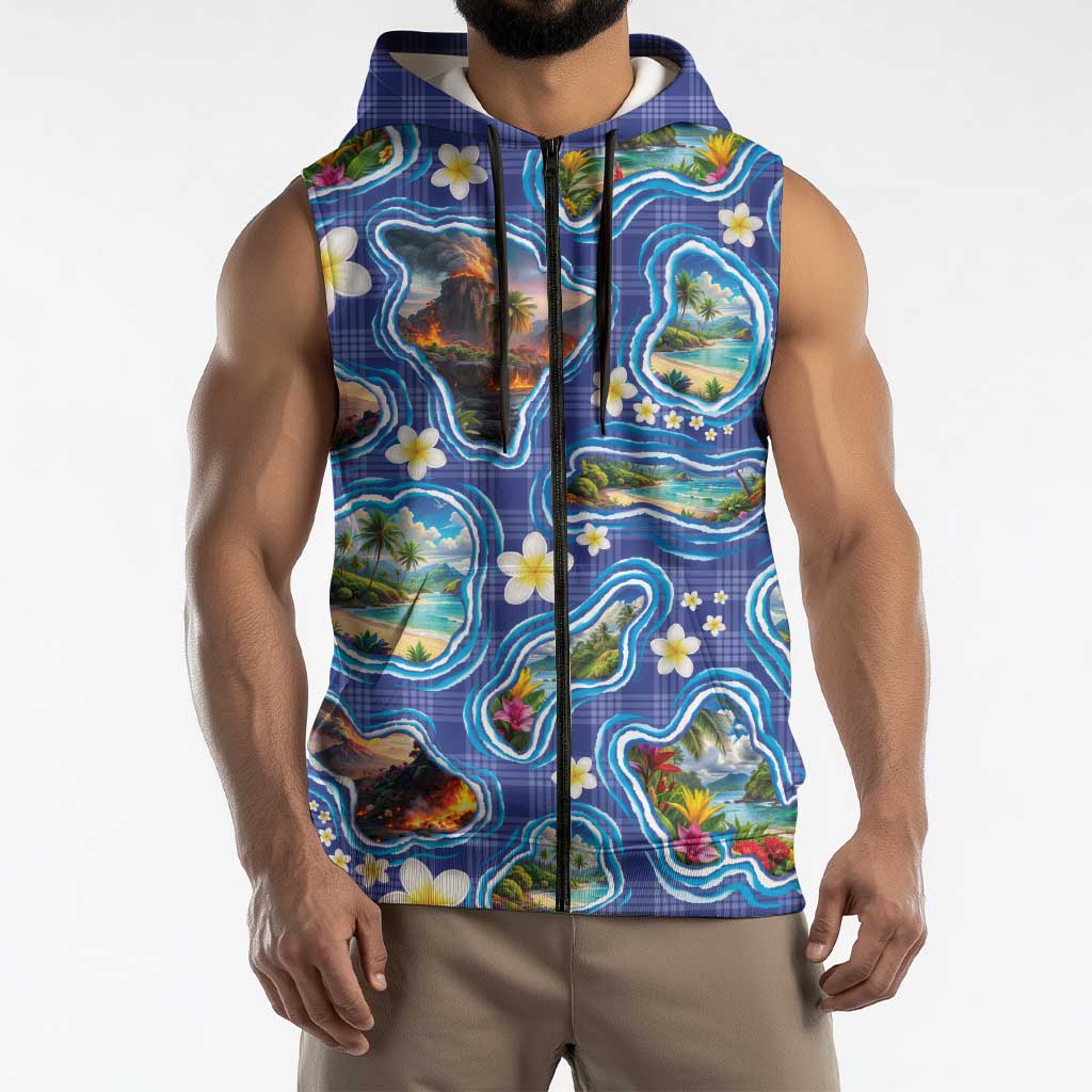 Hawaiian Island Shapes-Iconic Landscape Sleeveless Zip Hoodie with Plumeria and Palaka Blue Color