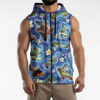 Hawaiian Island Shapes-Iconic Landscape Sleeveless Zip Hoodie with Plumeria and Palaka Blue Color