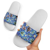 Hawaiian Island Shapes-Iconic Landscape Slide Sandals with Plumeria and Palaka Blue Color
