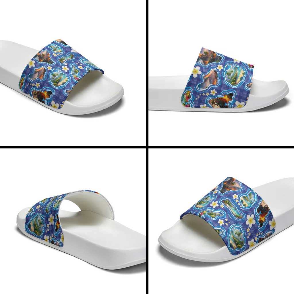 Hawaiian Island Shapes-Iconic Landscape Slide Sandals with Plumeria and Palaka Blue Color