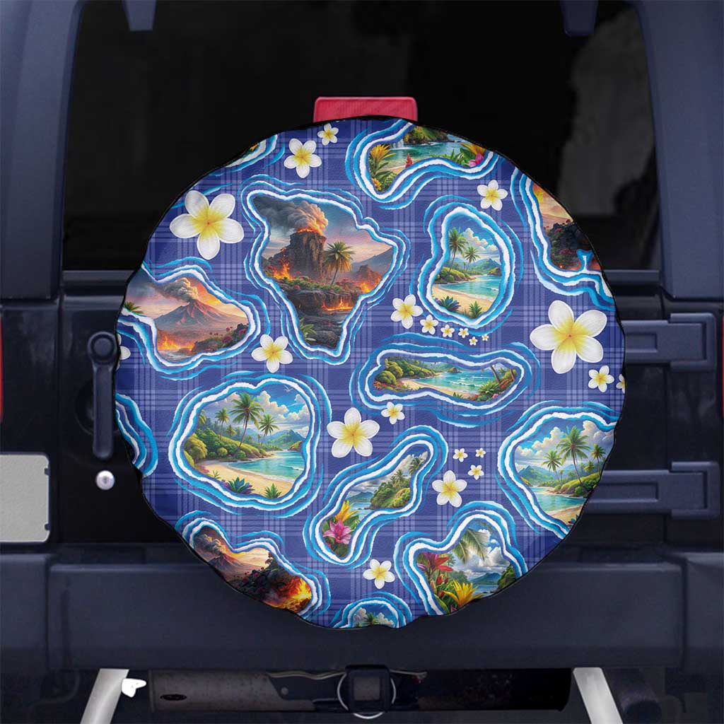 Hawaiian Island Shapes-Iconic Landscape Spare Tire Cover with Plumeria and Palaka Blue Color