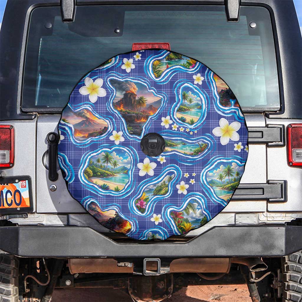 Hawaiian Island Shapes-Iconic Landscape Spare Tire Cover with Plumeria and Palaka Blue Color
