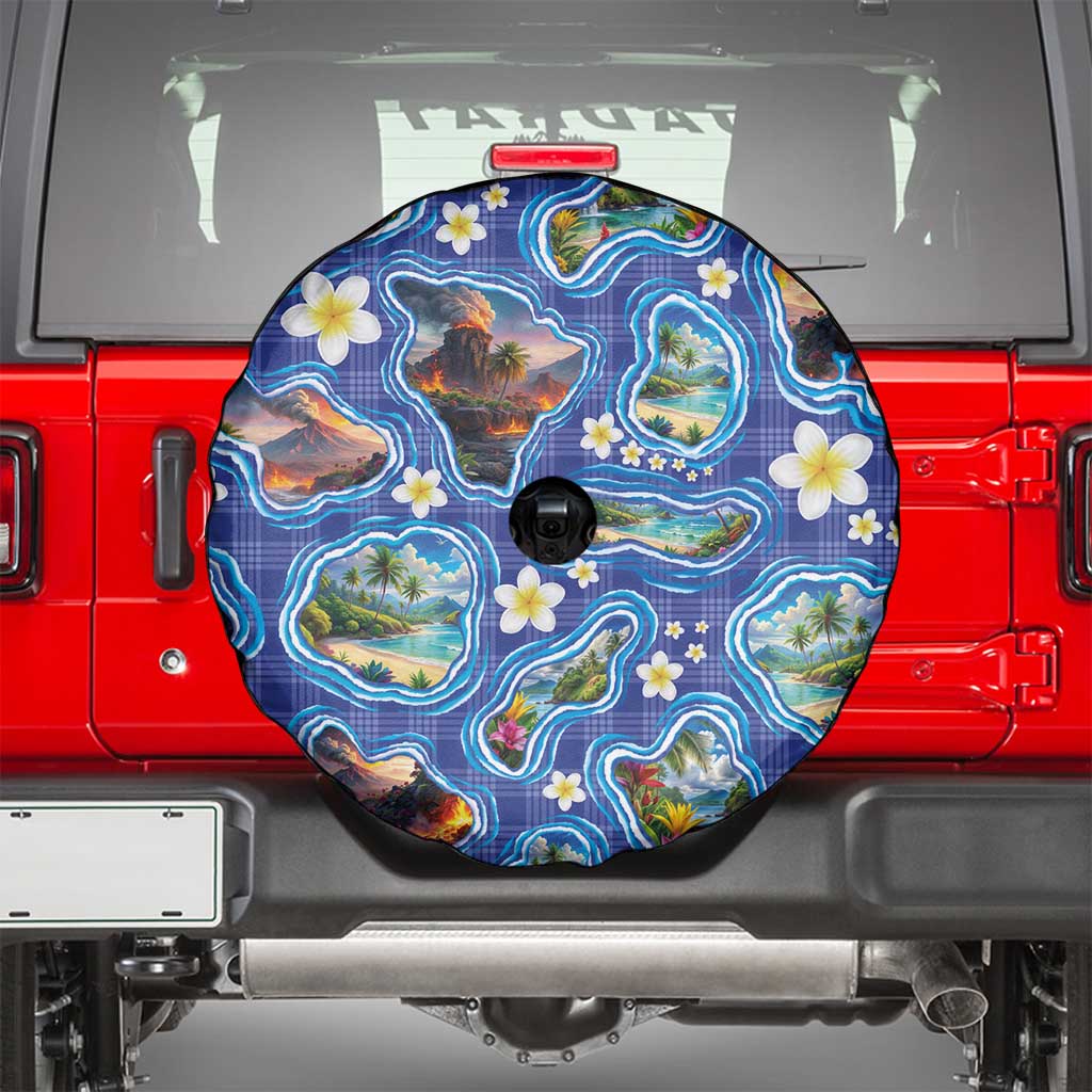 Hawaiian Island Shapes-Iconic Landscape Spare Tire Cover with Plumeria and Palaka Blue Color