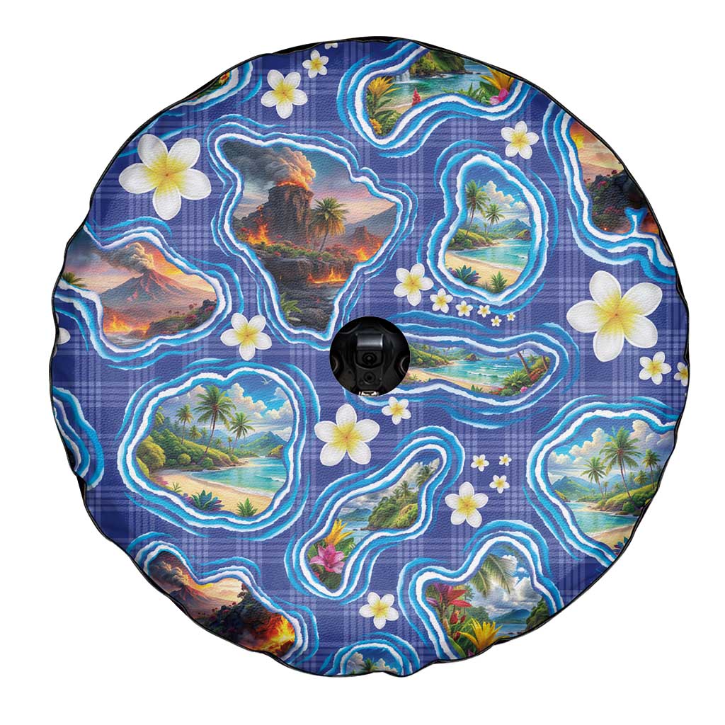Hawaiian Island Shapes-Iconic Landscape Spare Tire Cover with Plumeria and Palaka Blue Color