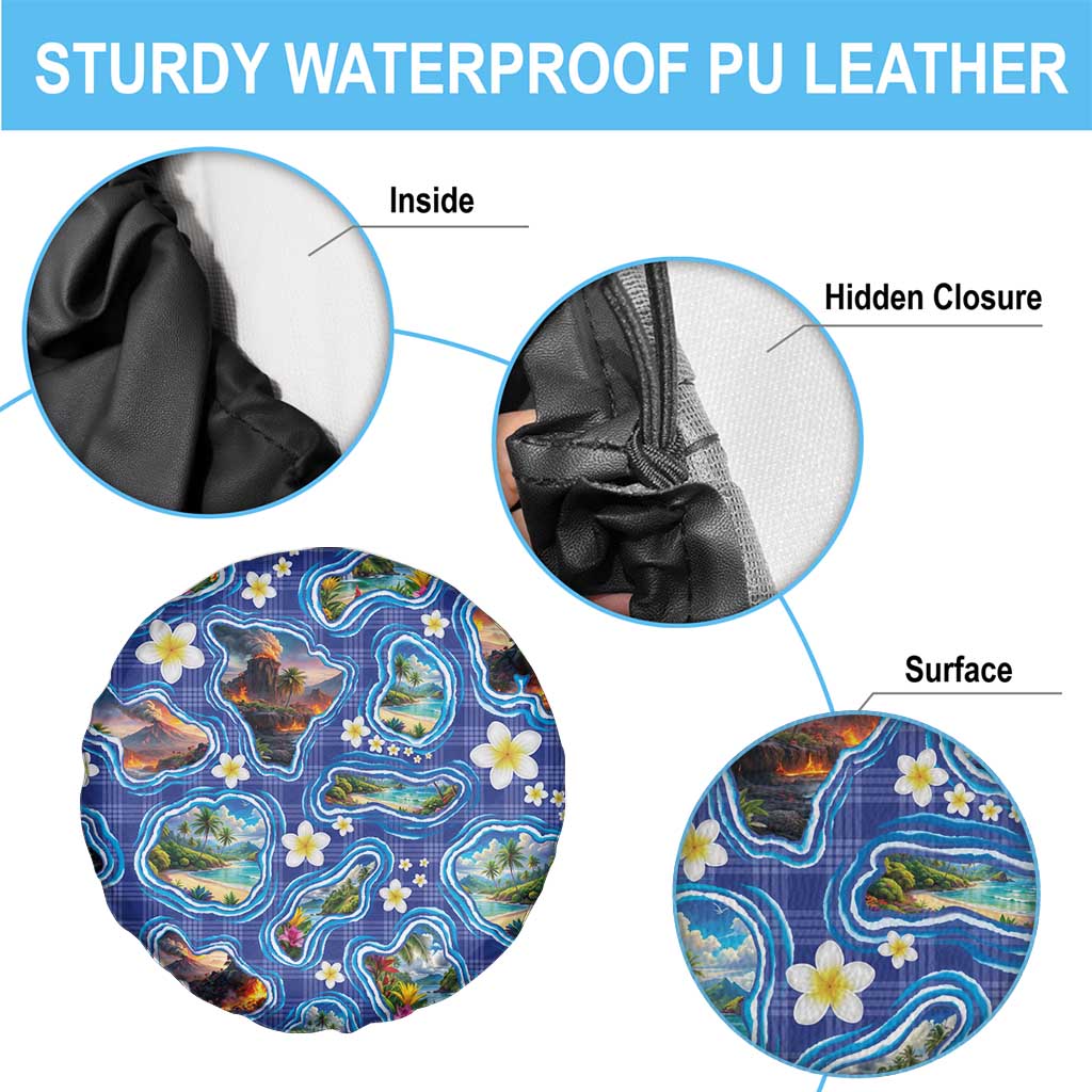 Hawaiian Island Shapes-Iconic Landscape Spare Tire Cover with Plumeria and Palaka Blue Color