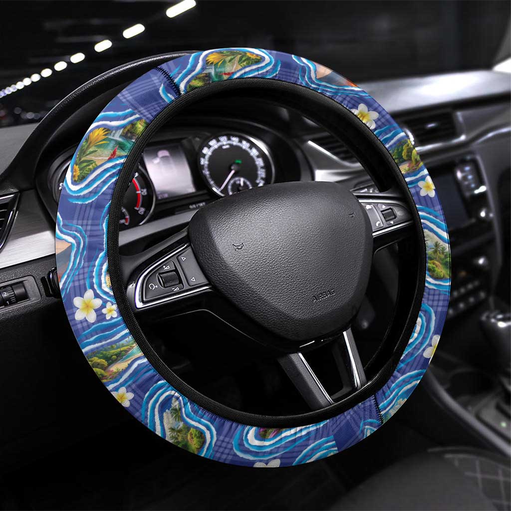 Hawaiian Island Shapes-Iconic Landscape Steering Wheel Cover with Plumeria and Palaka Blue Color